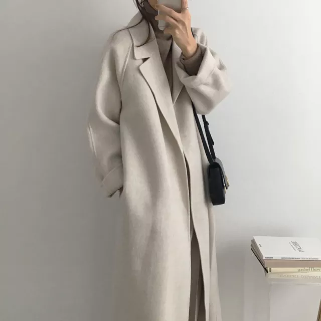 Women Elegant Long Wool Coat With Belt Solid Color Long Sleeve Chic Outerwear