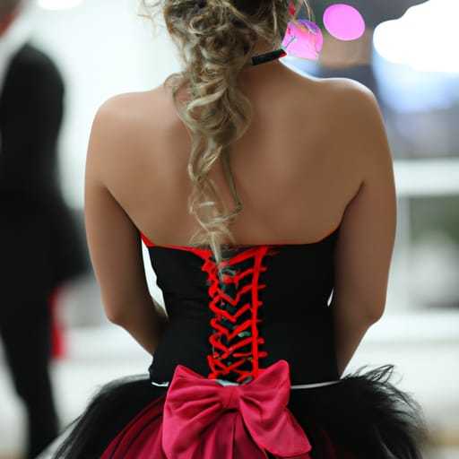 Beautiful woman in a corset and fluffy skirt on the black tie event