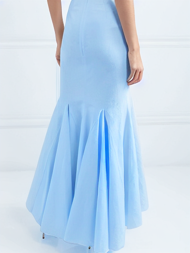 blue godet maxi skirt back